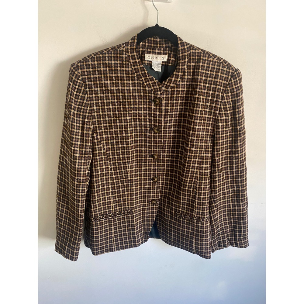 CHAUS Womens Plaid Blazer Jacket Button Front Size 14 Brown Tan Career‎